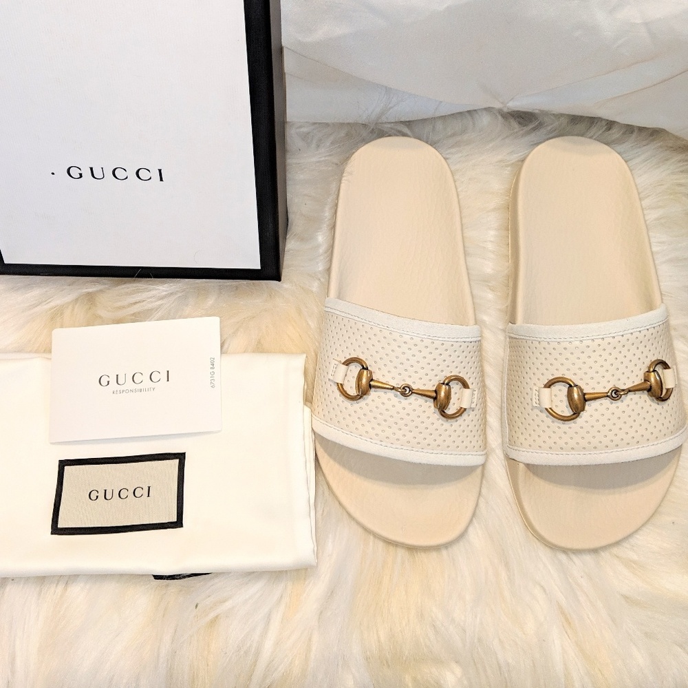 NEW AUTHENTIC GUCCI WOMENS HORSEBIT LEATHER SLIDES - Picture 1 of 5